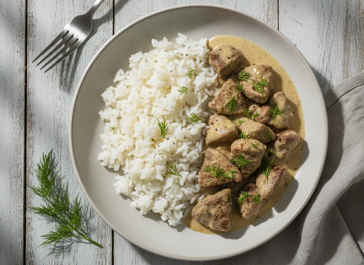 Печень по-строгановски с рисом photo