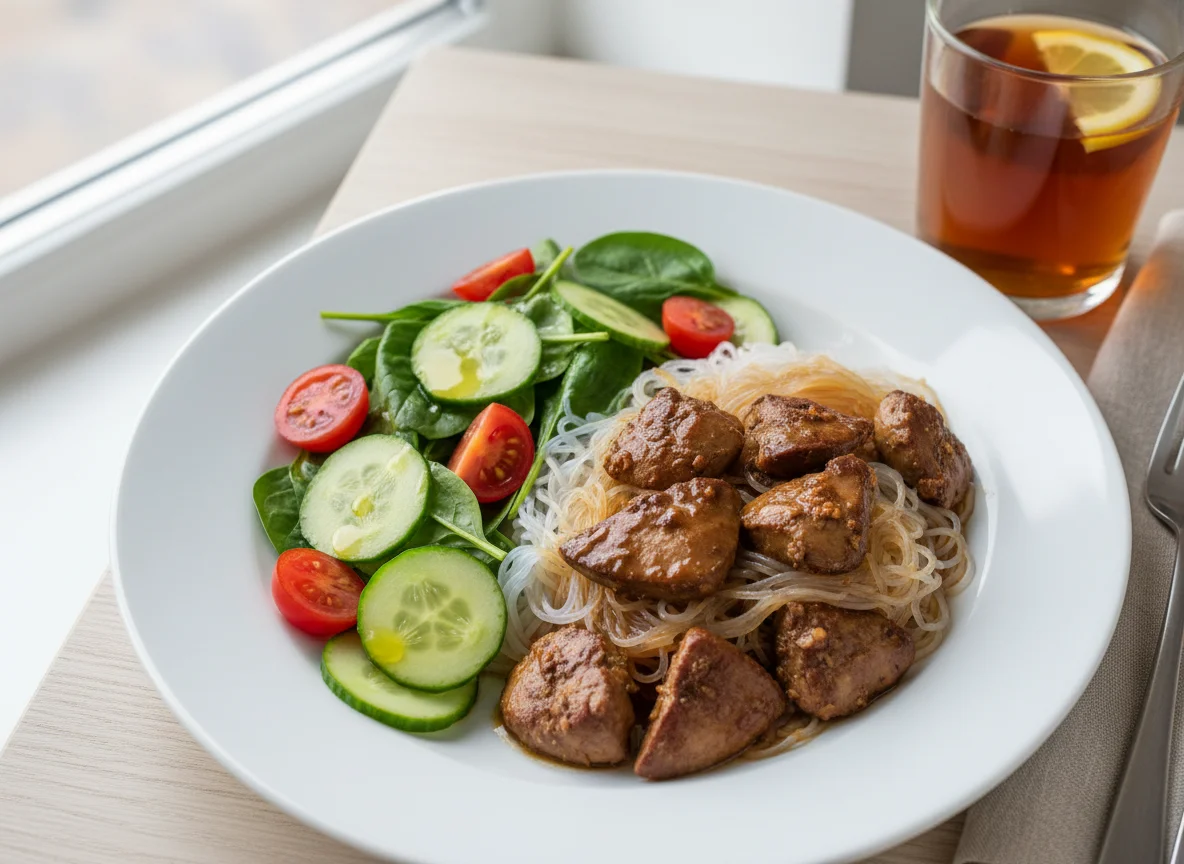 Печень с фунчозой и овощным салатом photo