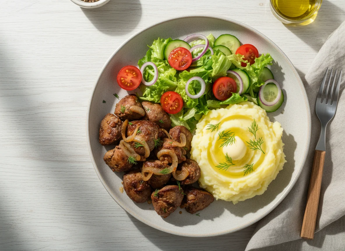 Печень с пюре и овощным салатом photo