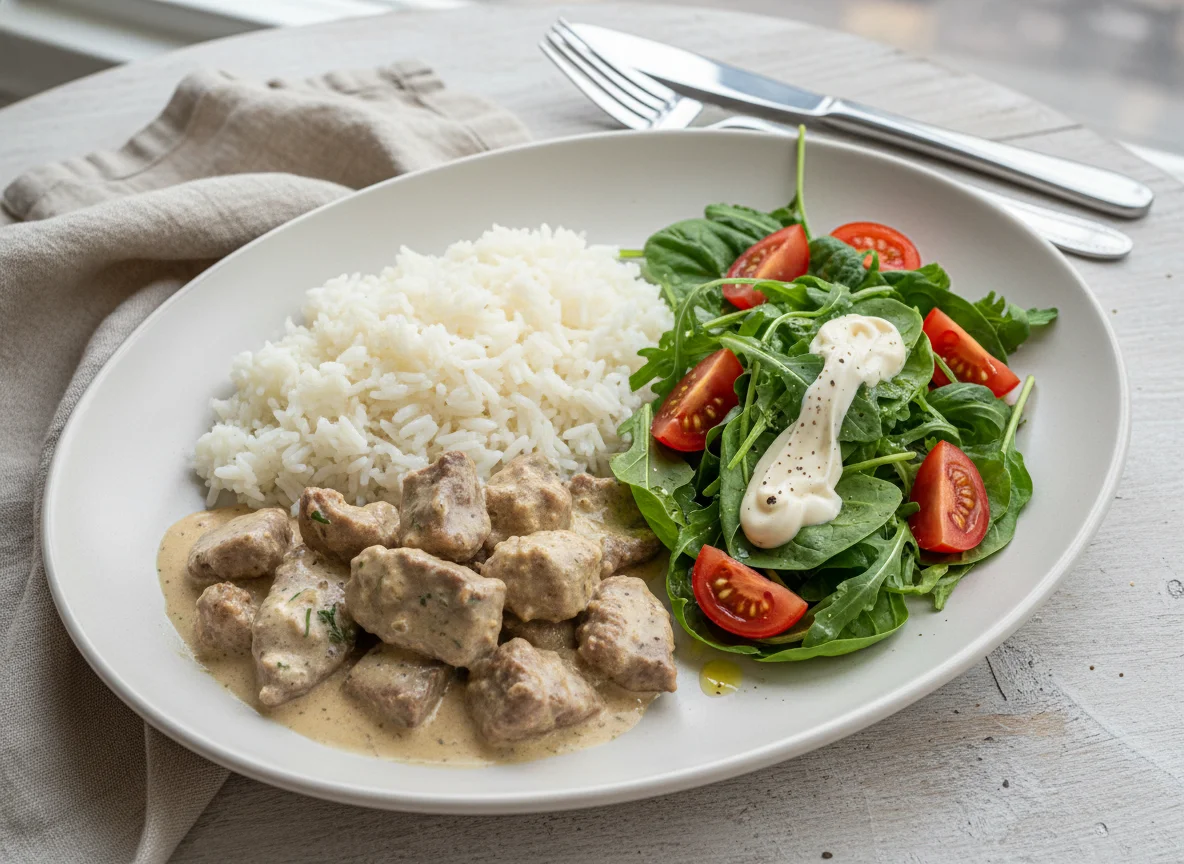 Печень в сметане с рисом и салатом photo