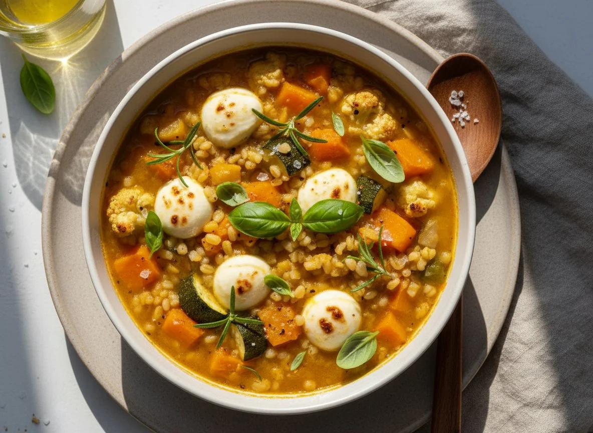 Печёный овощной суп с базиликом, булгуром и моцареллой photo