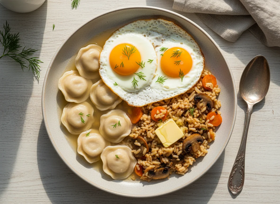 Пельмени и яичница с рисом photo