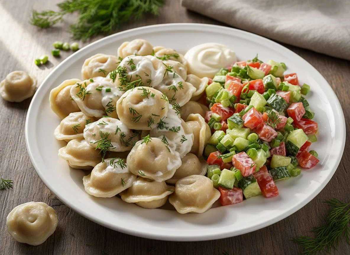 Пельмени и овощной салат photo