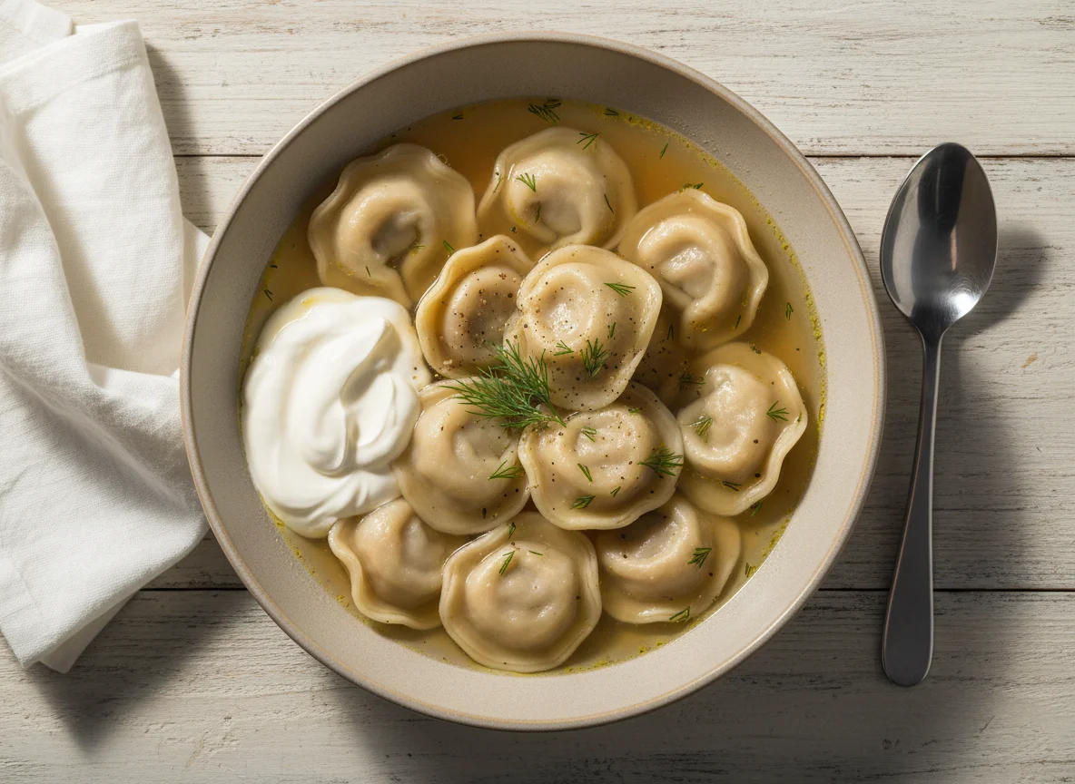 Пельмени с бульоном и сметаной photo