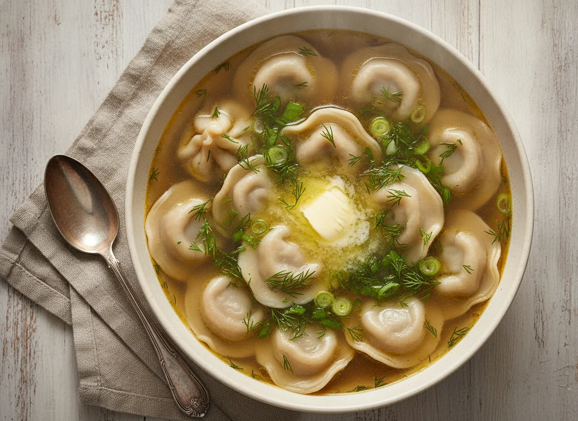 Пельмени с бульоном и зеленью photo