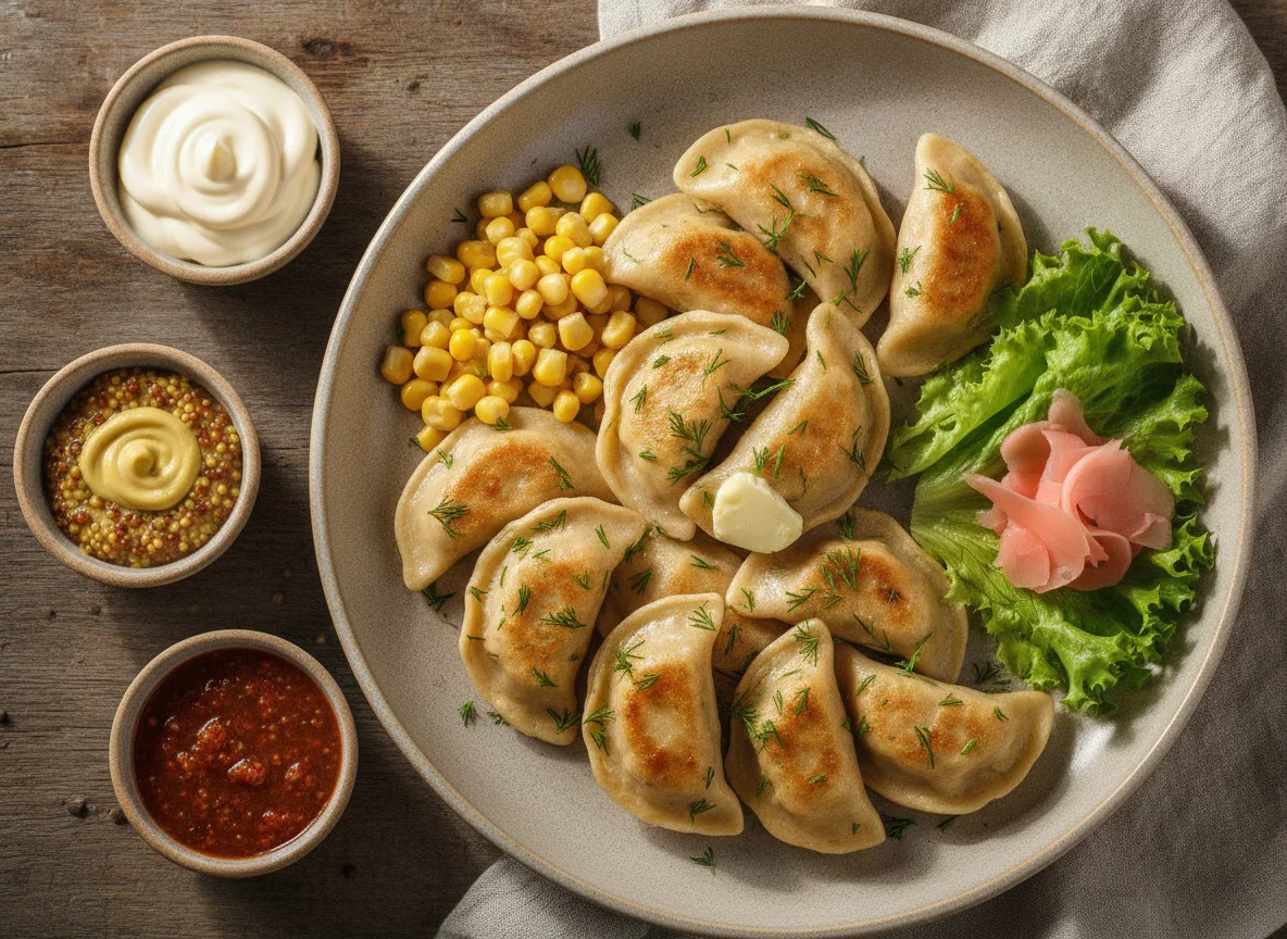 Пельмени с гарниром и соусами photo