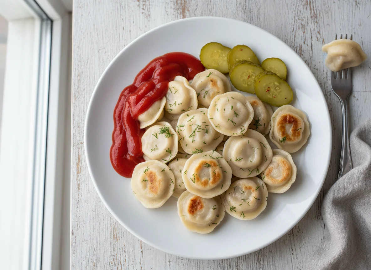 Пельмени с кетчупом и маринованными огурцами photo