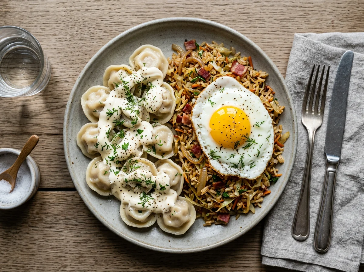 Пельмени с майонезом, жареный рис с капустой и яичницей photo