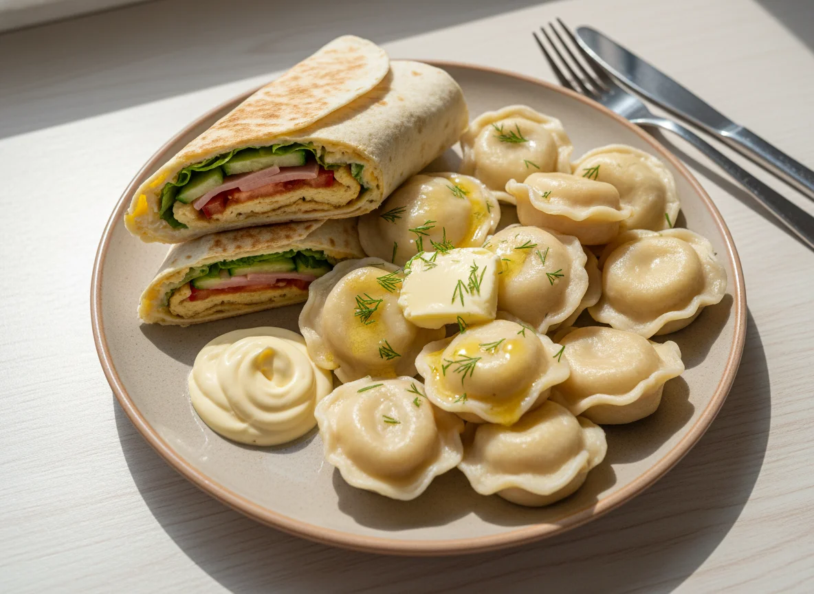 Пельмени с маслом и сэндвич-ролл photo