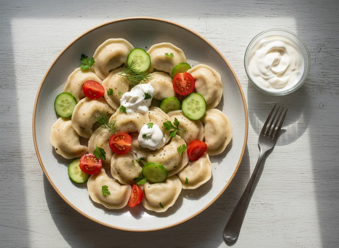 Пельмени с огурцами и помидорами photo