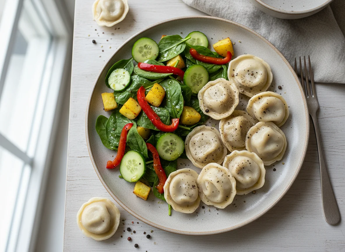 Пельмени с перцем и салат photo