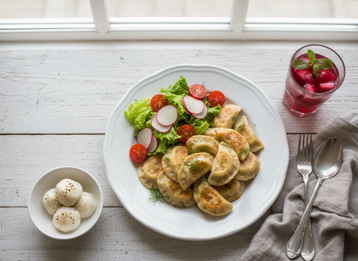 Пельмени с салатом и закусками photo