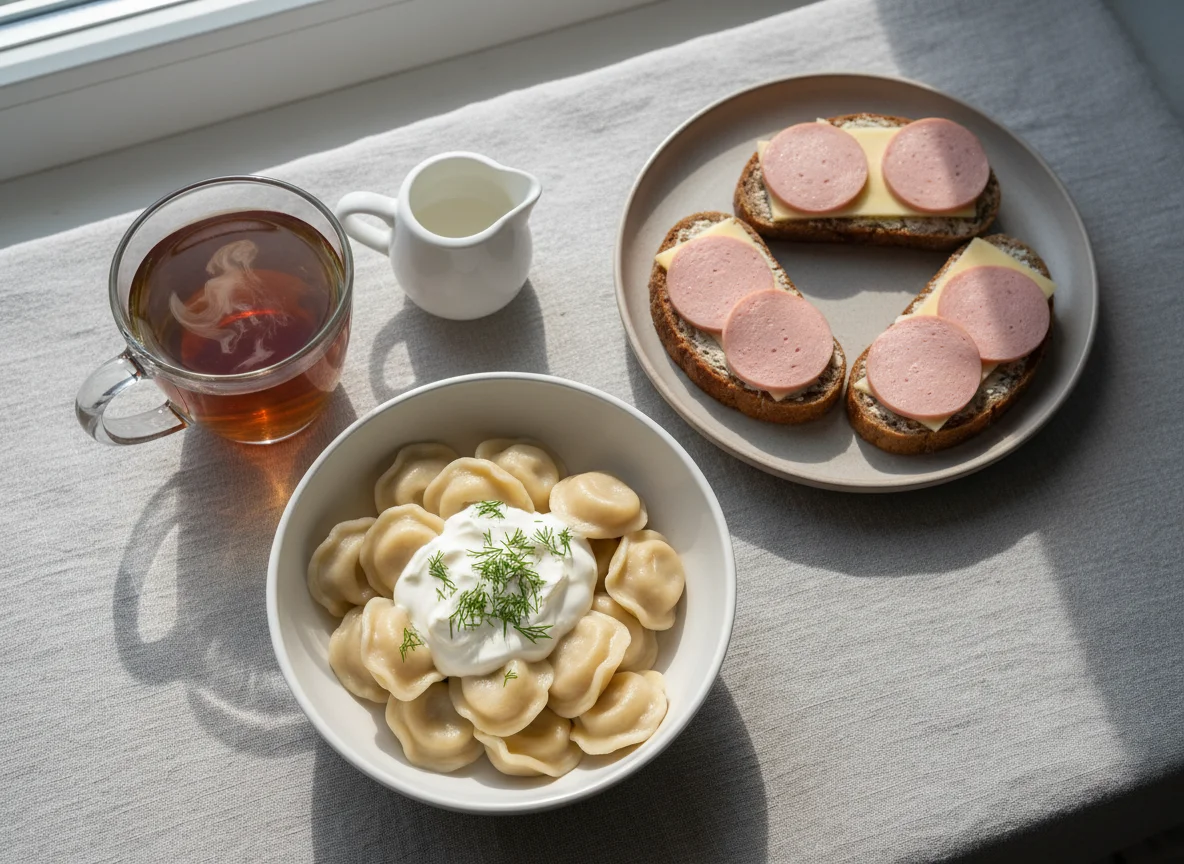 Пельмени со сметаной, бутерброд с колбасой и сыром, чай с молоком photo