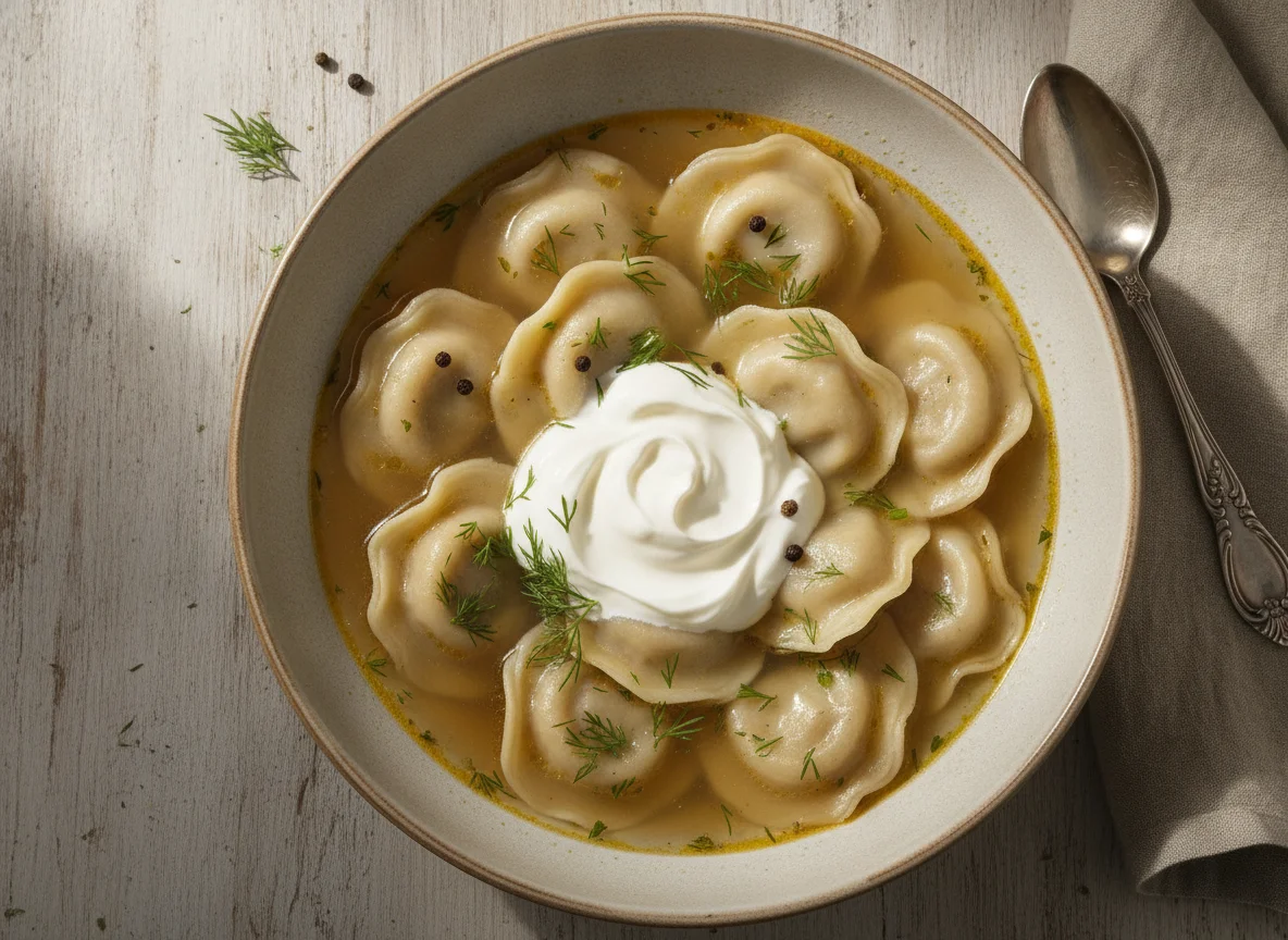 Пельмени со сметаной и бульоном photo