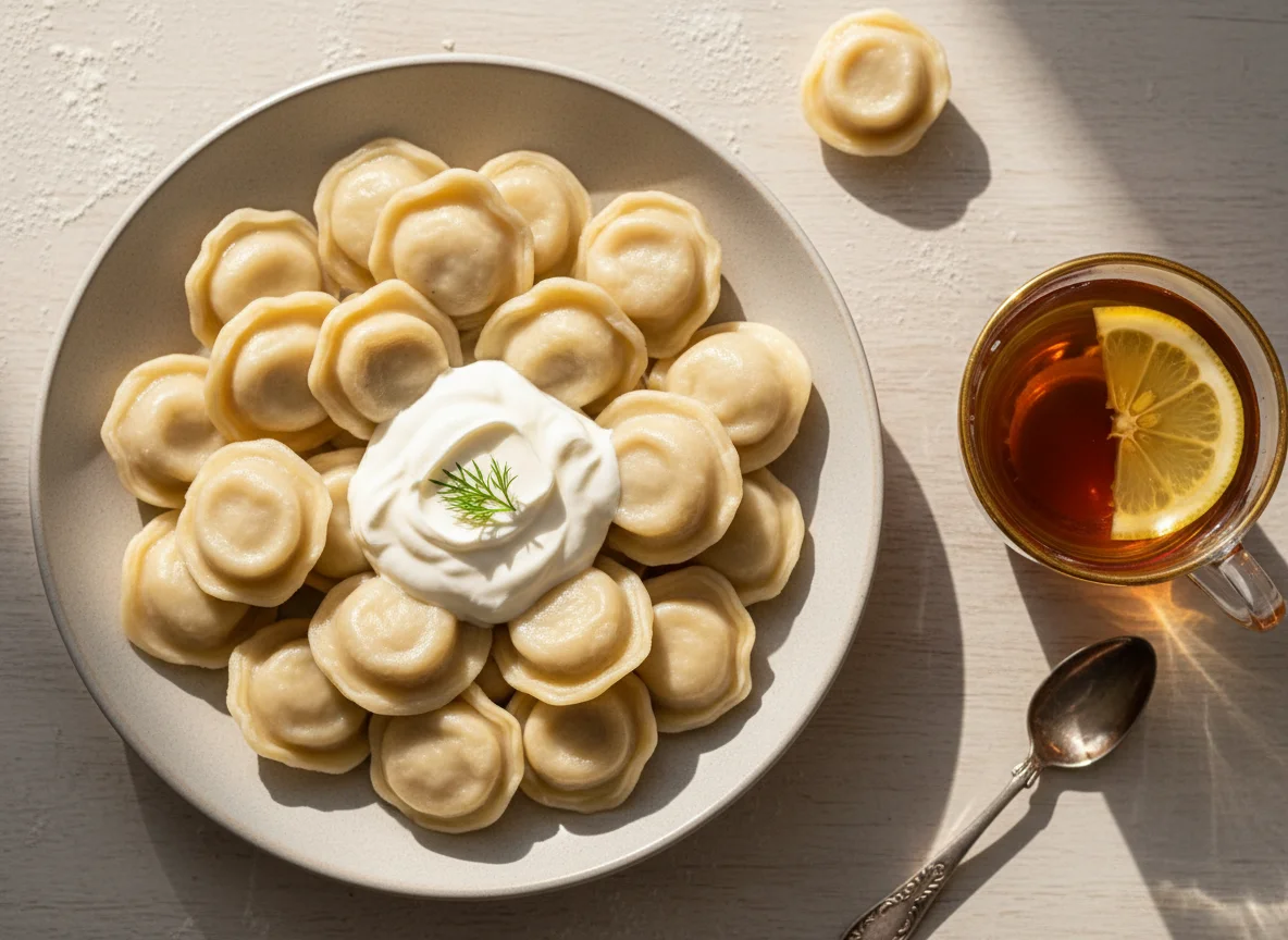 Пельмени со сметаной и чай photo