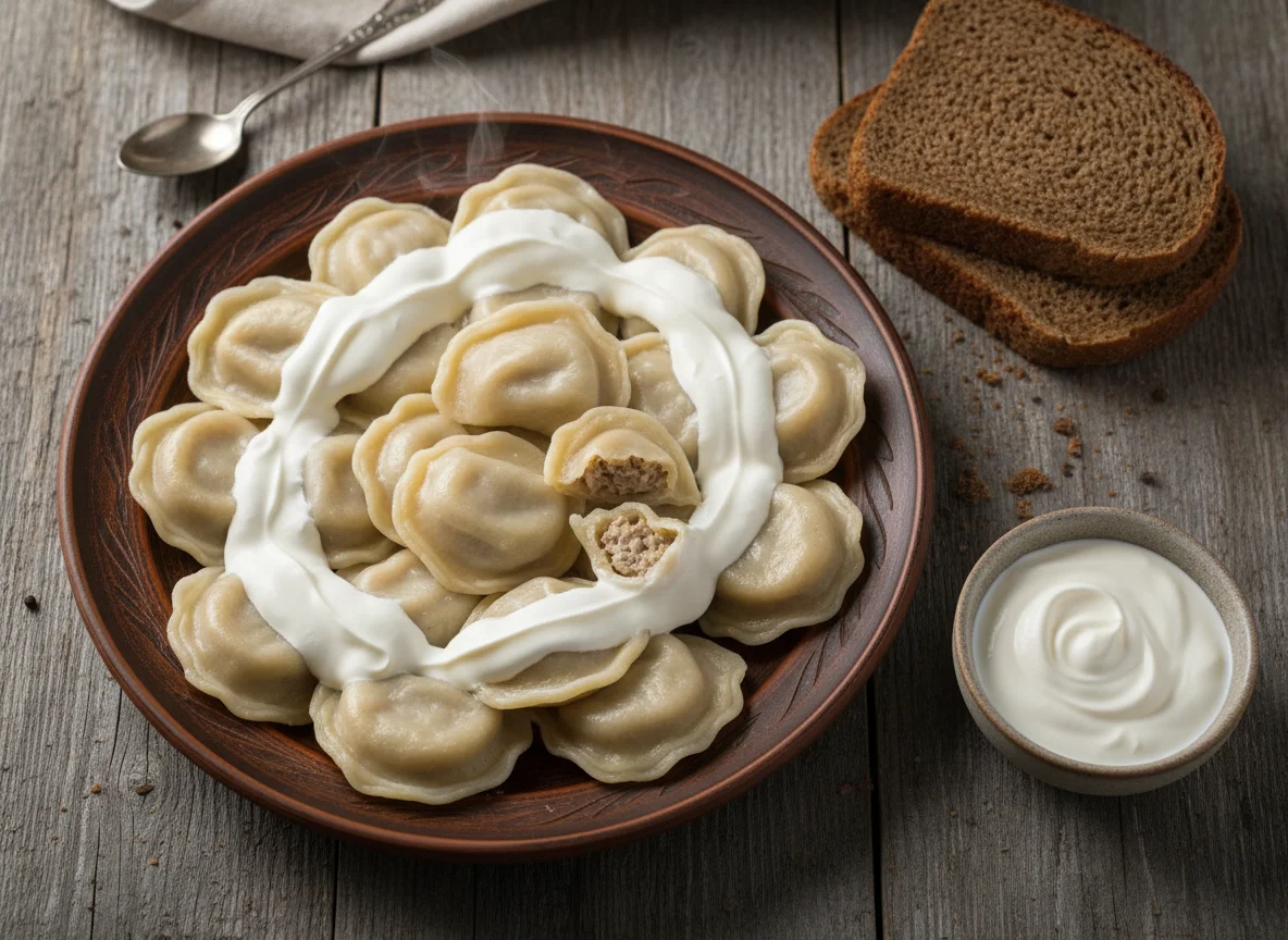 Пельмени со сметаной и хлебом photo