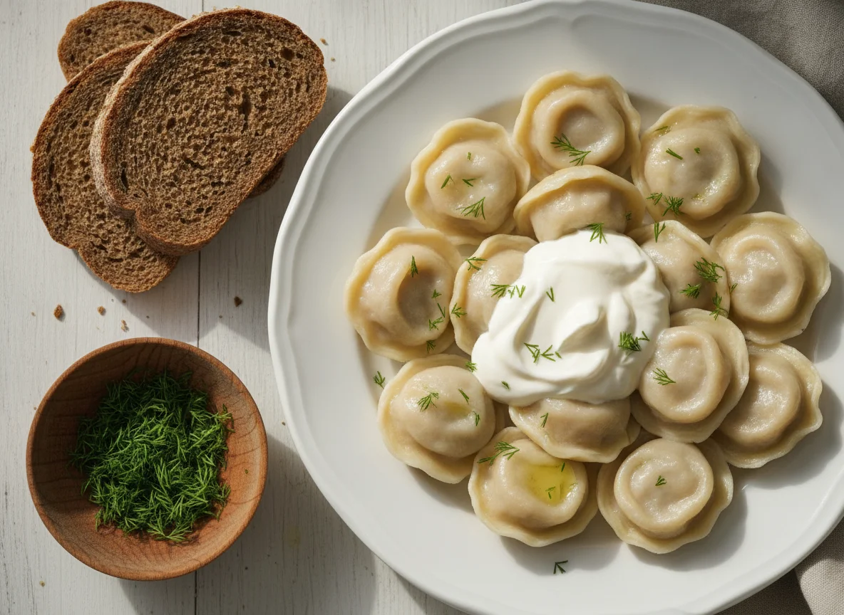 Пельмени со сметаной и ржаным хлебом photo