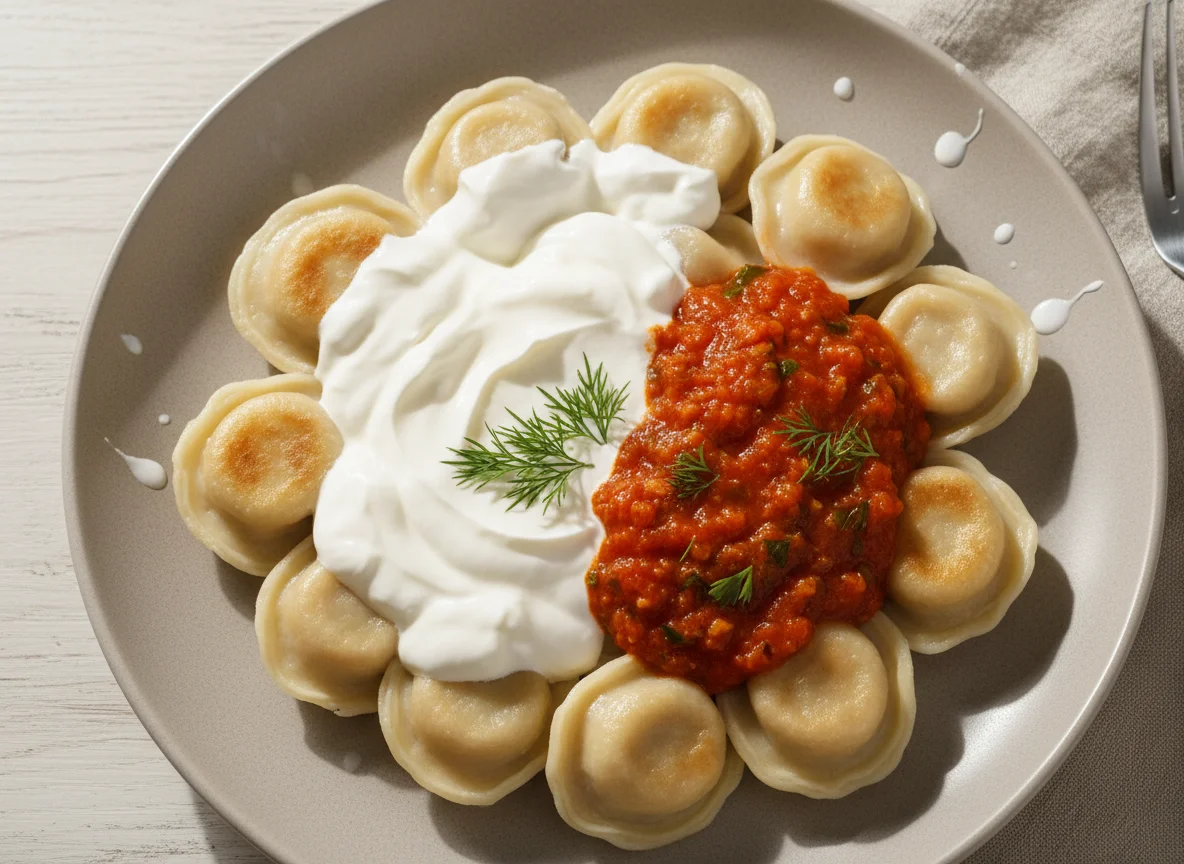 Пельмени со сметаной и томатным соусом photo