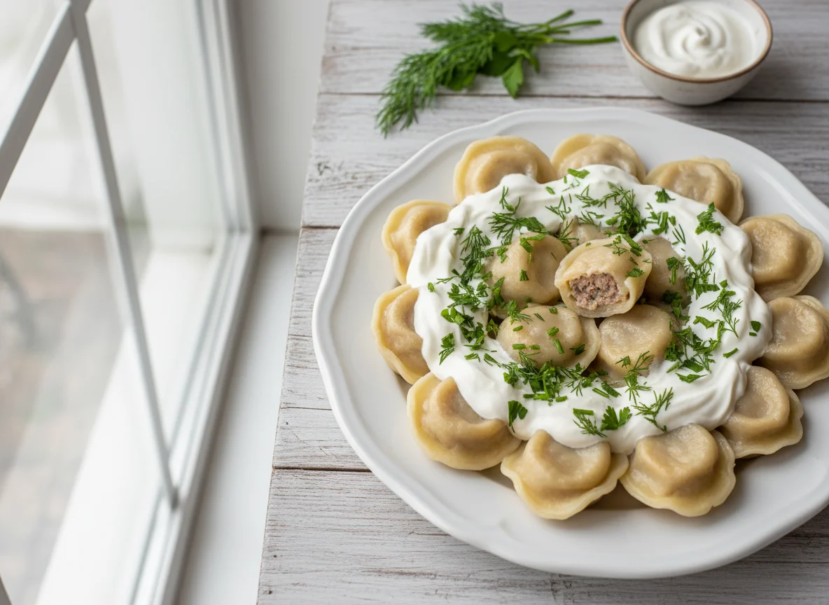Пельмени со сметаной и зеленью photo