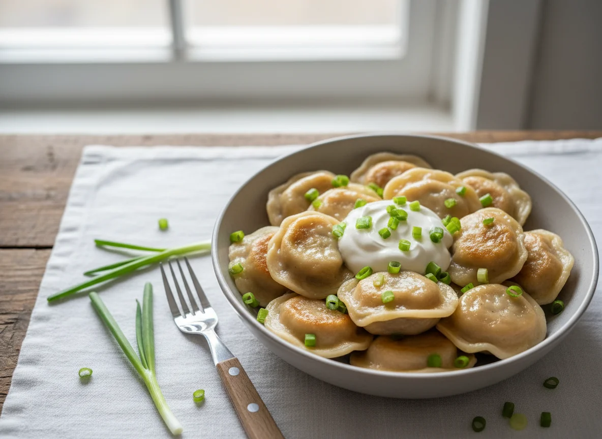 Пельмени со сметаной и зеленым луком photo