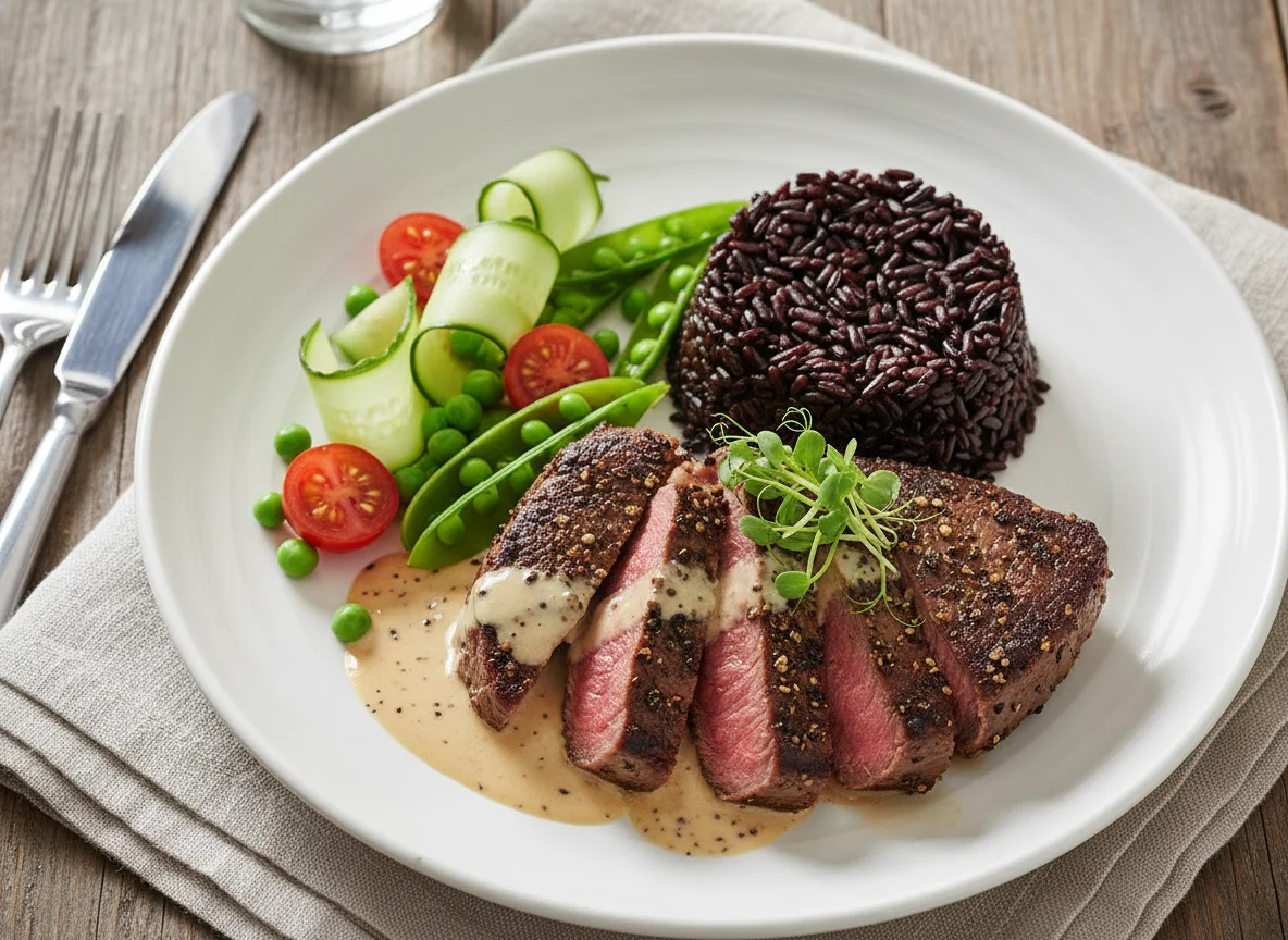 Перечный стейк с овощным гарниром и черным рисом photo