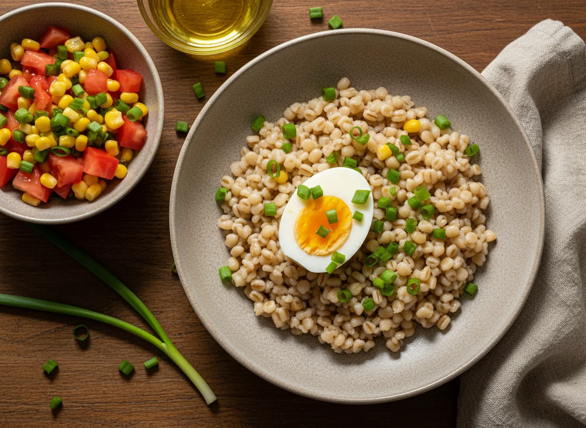 Перловая каша с яйцом и овощным салатом photo