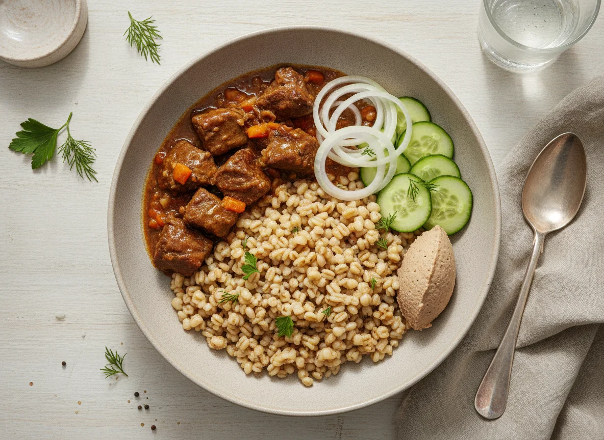 Перловая каша с говядиной и овощами photo