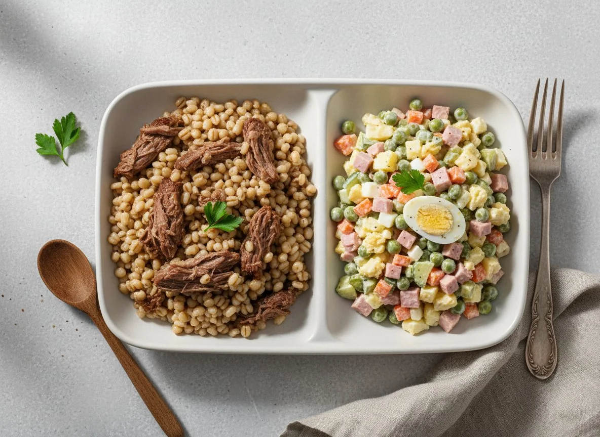 Перловая каша с мясом и салат Оливье photo