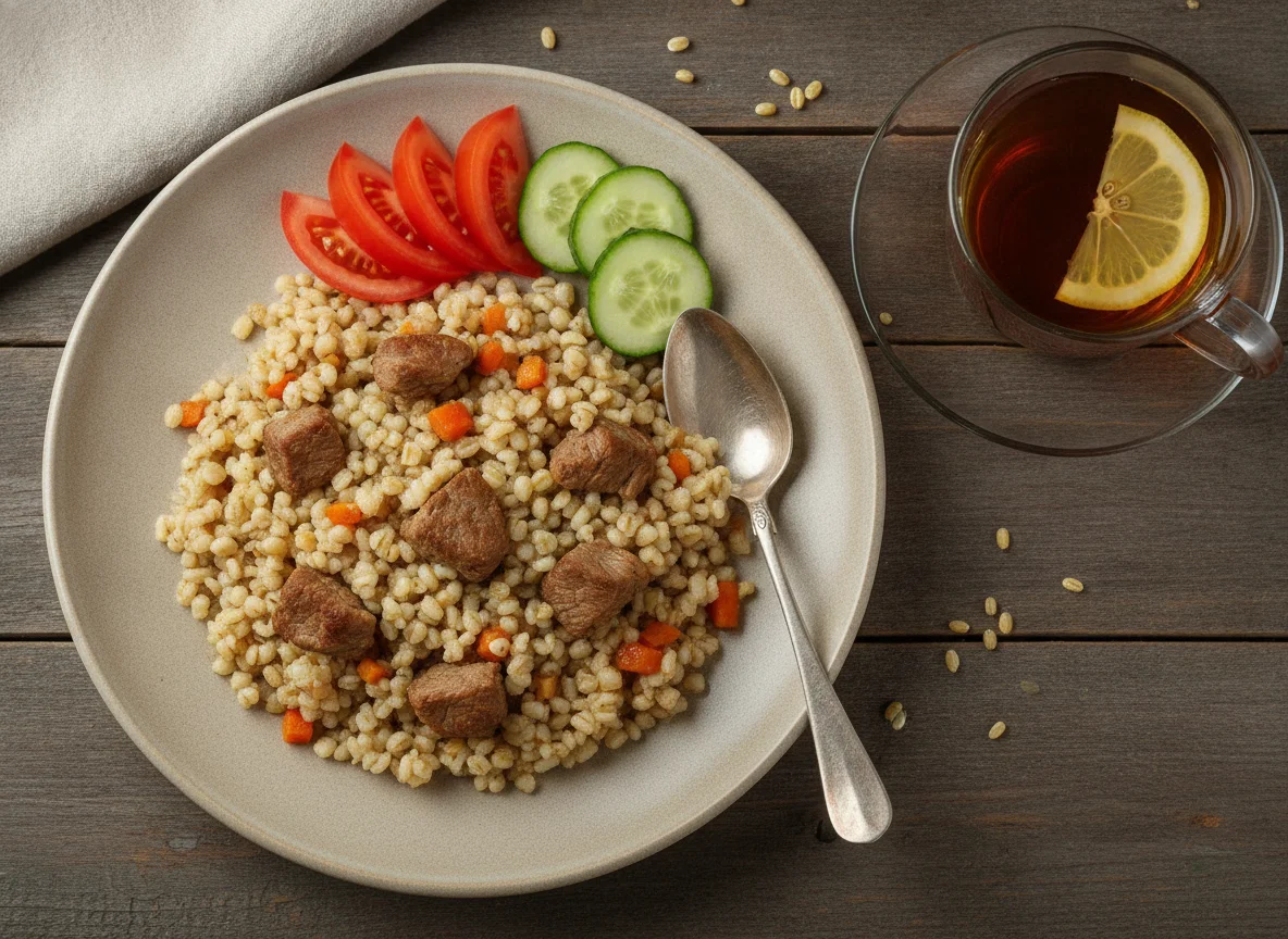 Перловая каша с мясом, овощами и чаем photo