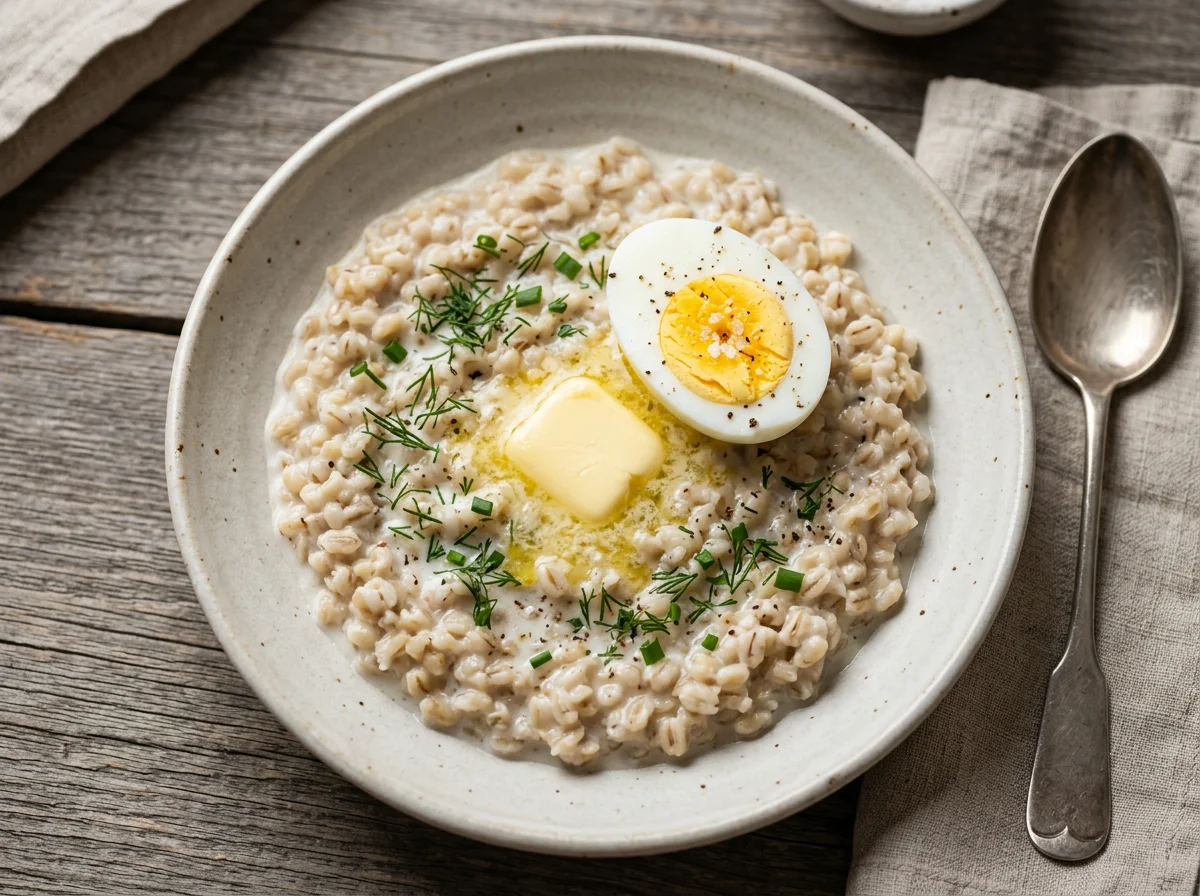 Перловая каша с молоком, яйцом и маслом photo
