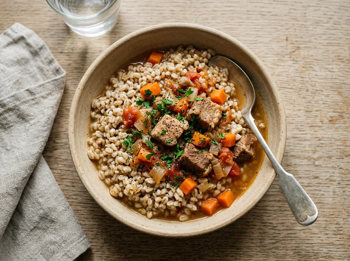 Перловая каша с тушеным мясом и овощами photo