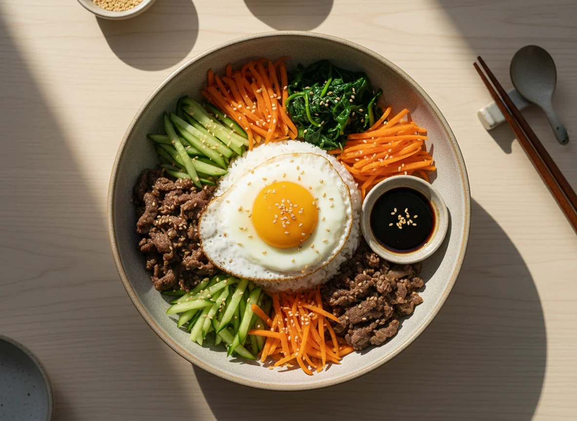 Пибимпап (рис с говядиной, овощ и яйцом) photo