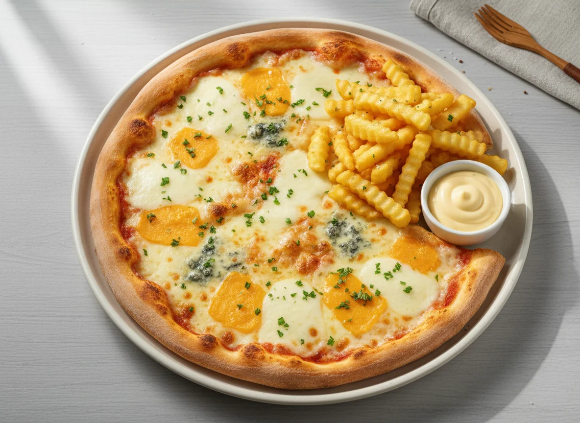 Пицца Четыре Сыра с картофелем фри и соусом photo