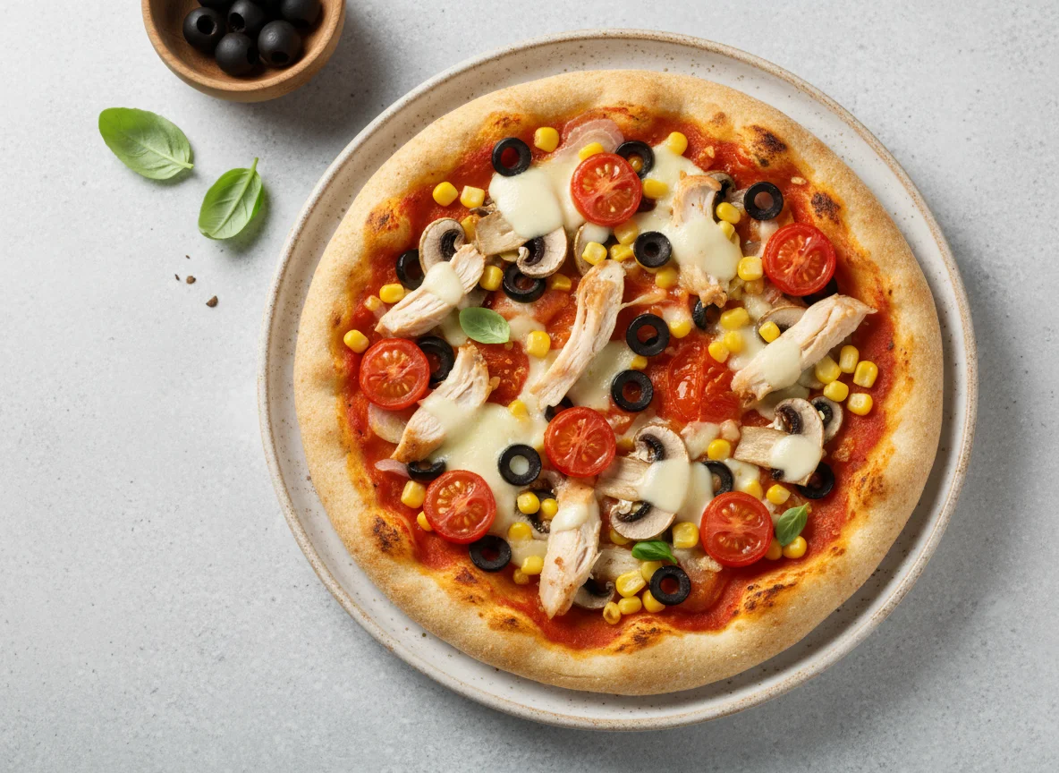 Пицца на лаваше с овощами и курицей photo