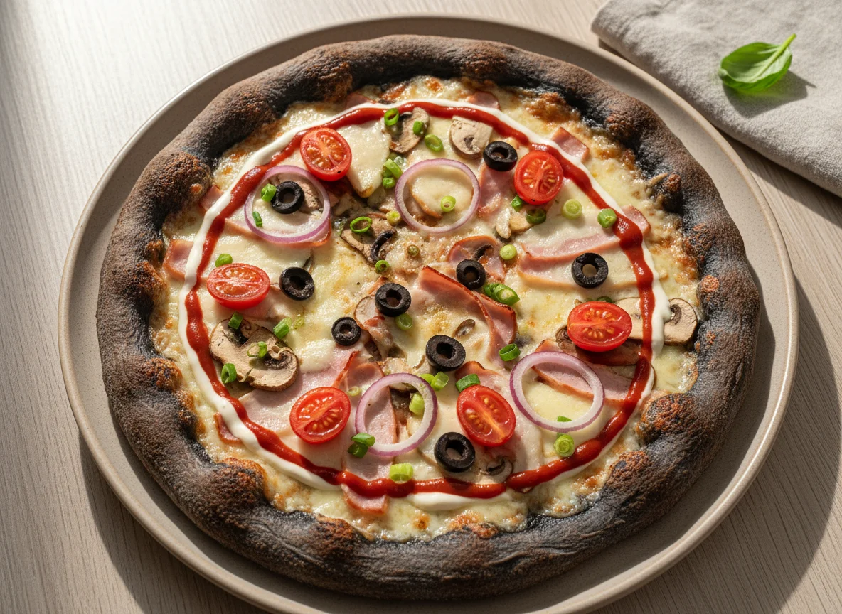 Пицца с черным тестом и различными начинками photo