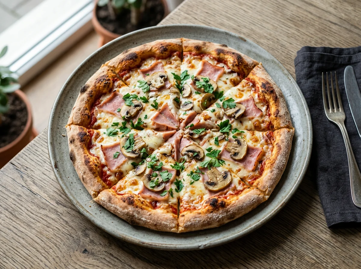 Пицца с грибами, ветчиной и сыром photo