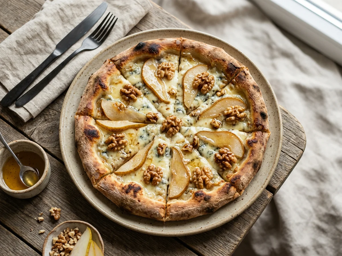 Пицца с грушей, сыром горгонзола и грецким орехом photo