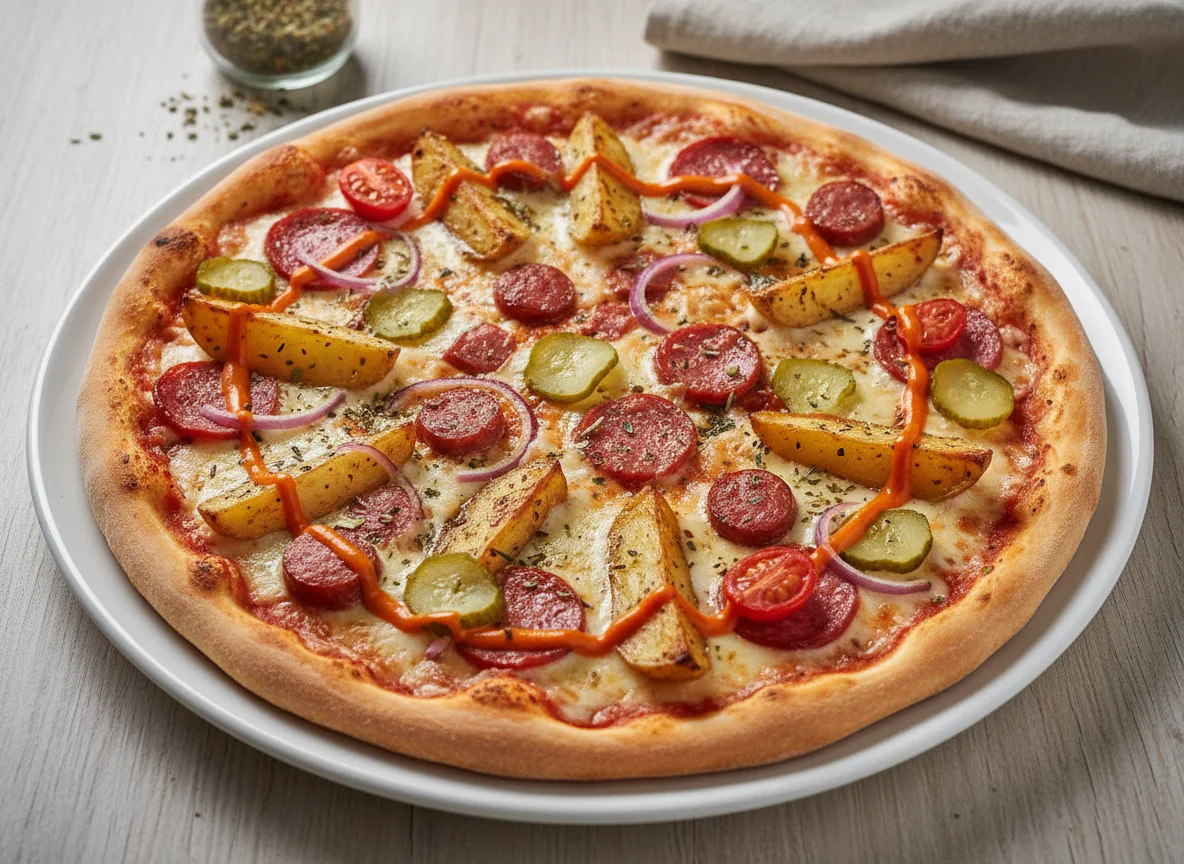 Пицца с картофелем и колбасой photo