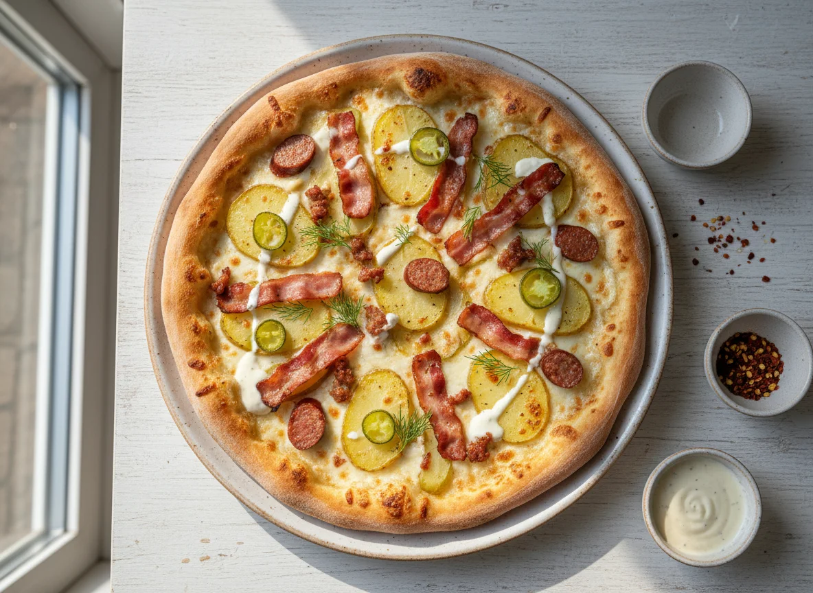 Пицца с картофелем, колбасками и беконом photo