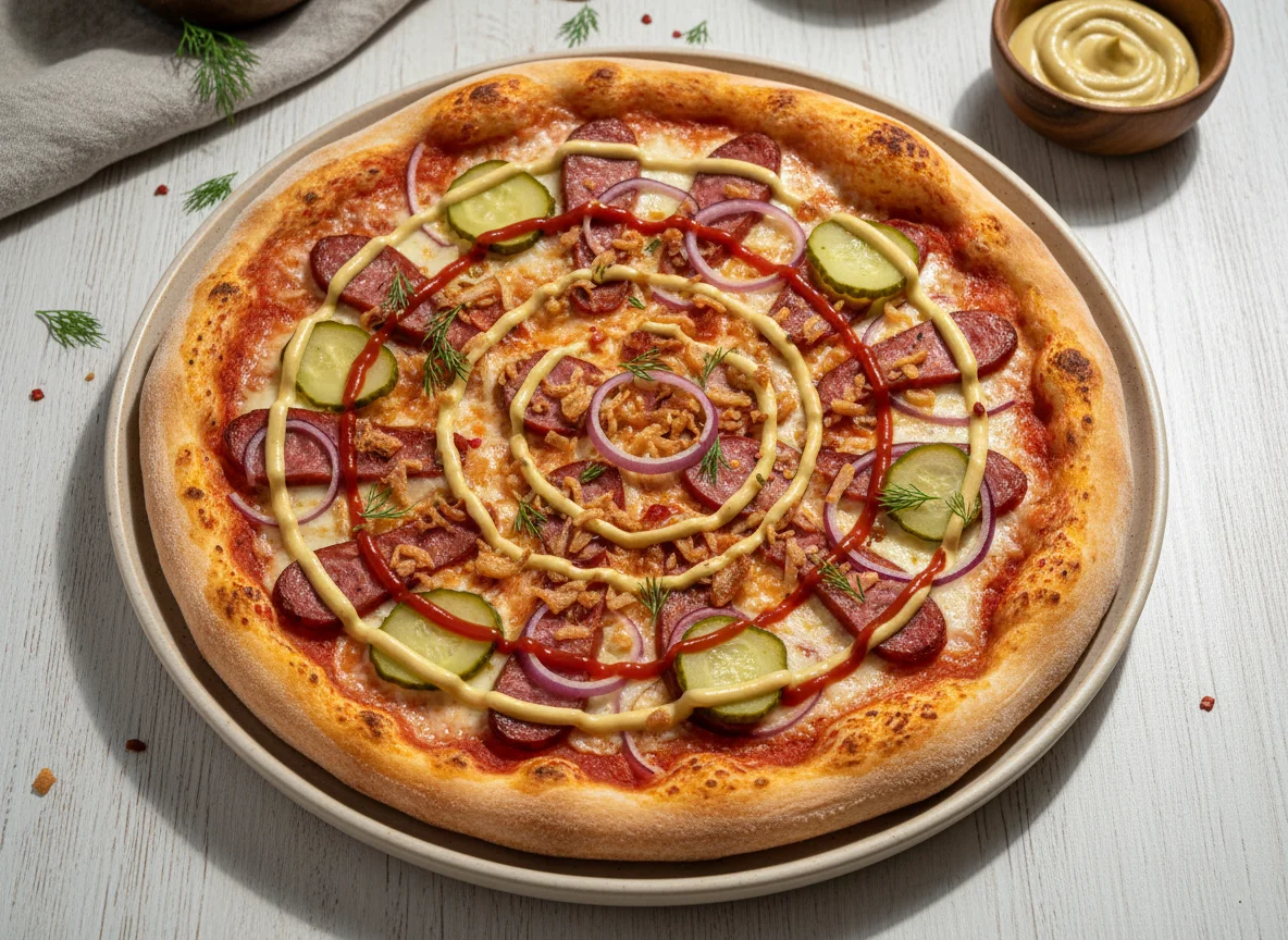 Пицца с колбасками, огурцами и соусами photo