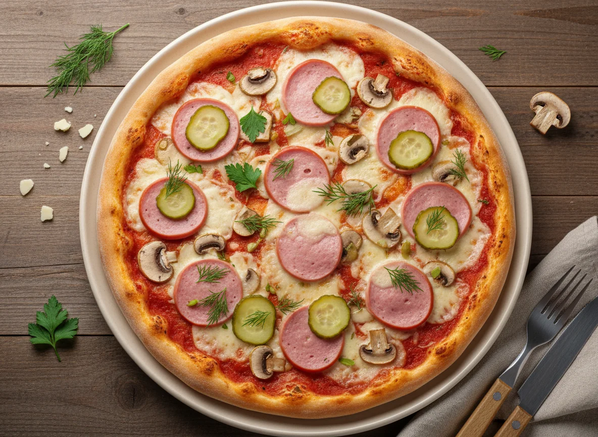 Пицца с колбасой, грибами и огурцами photo