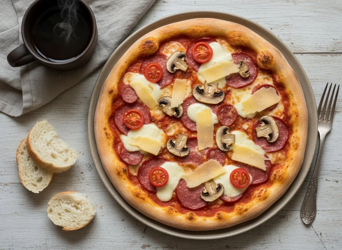 Пицца с колбасой, грибами и сыром photo