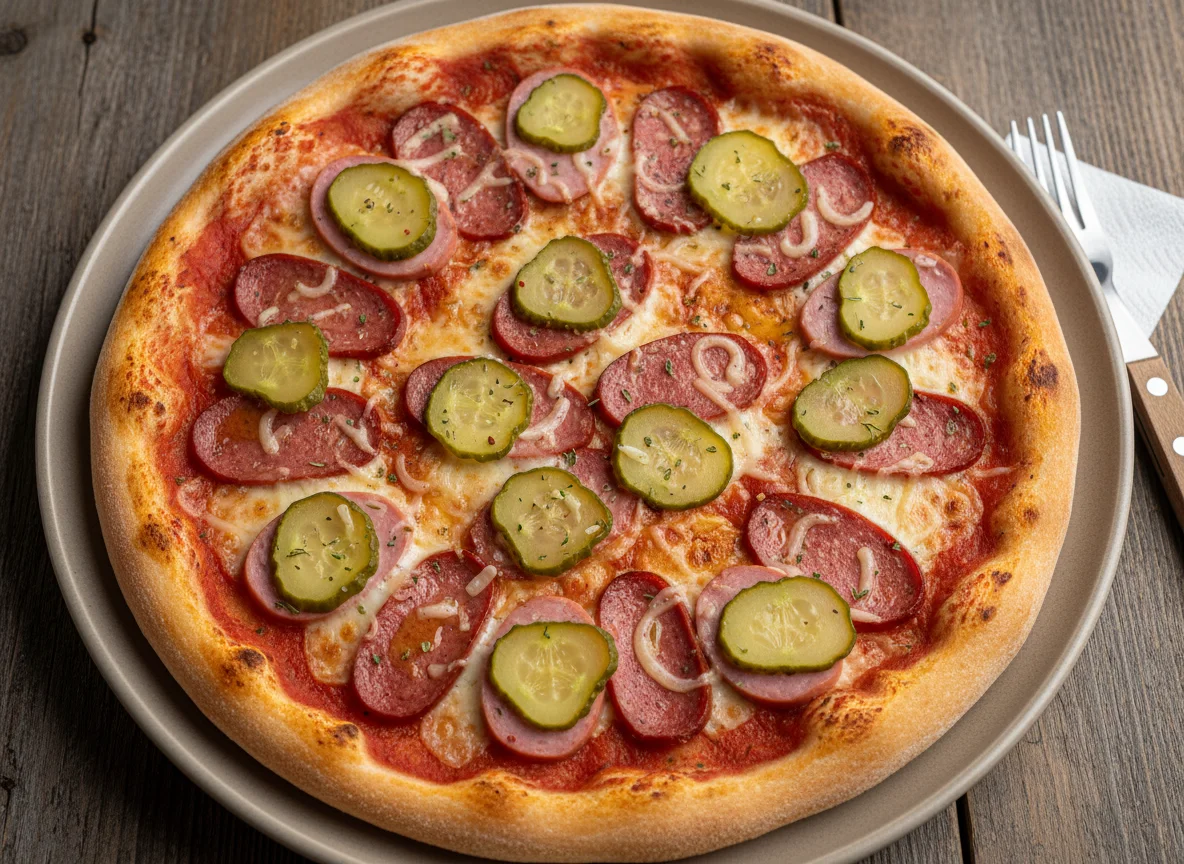 Пицца с колбасой и огурцами photo