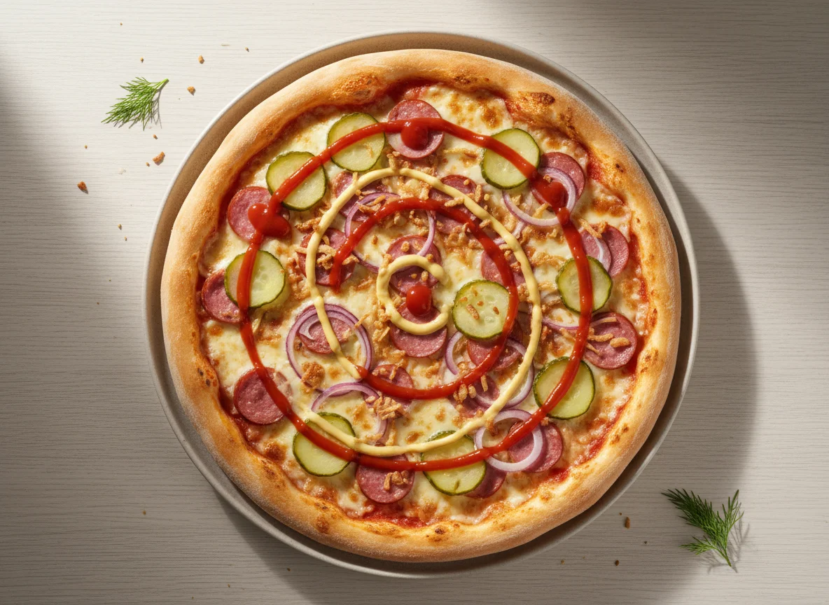 Пицца с колбасой, огурцами и соусами photo