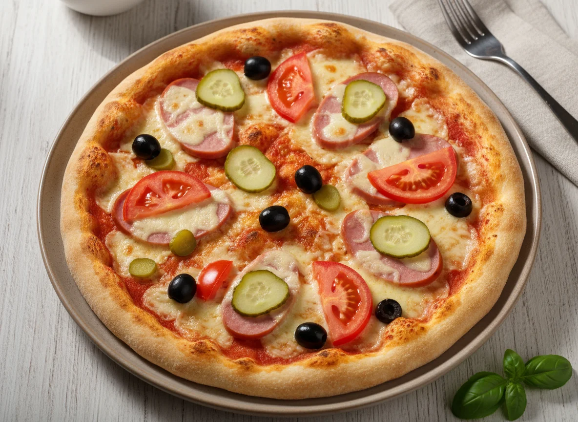 Пицца с колбасой, оливками и маринованными огурцами photo