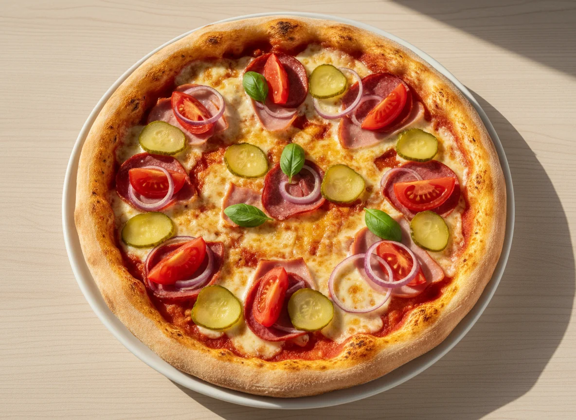 Пицца с колбасой, ветчиной и маринованными огурцами photo