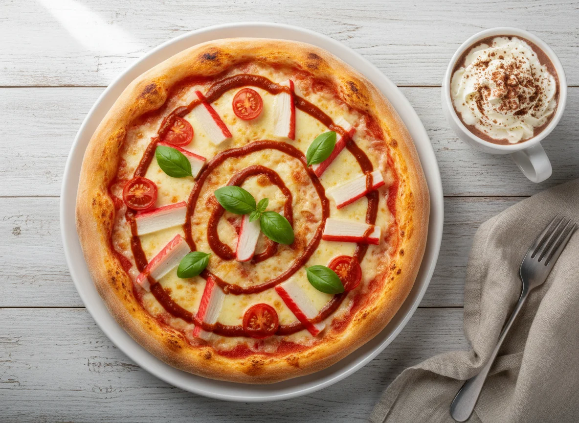 Пицца с крабовыми палочками и горячий шоколад photo