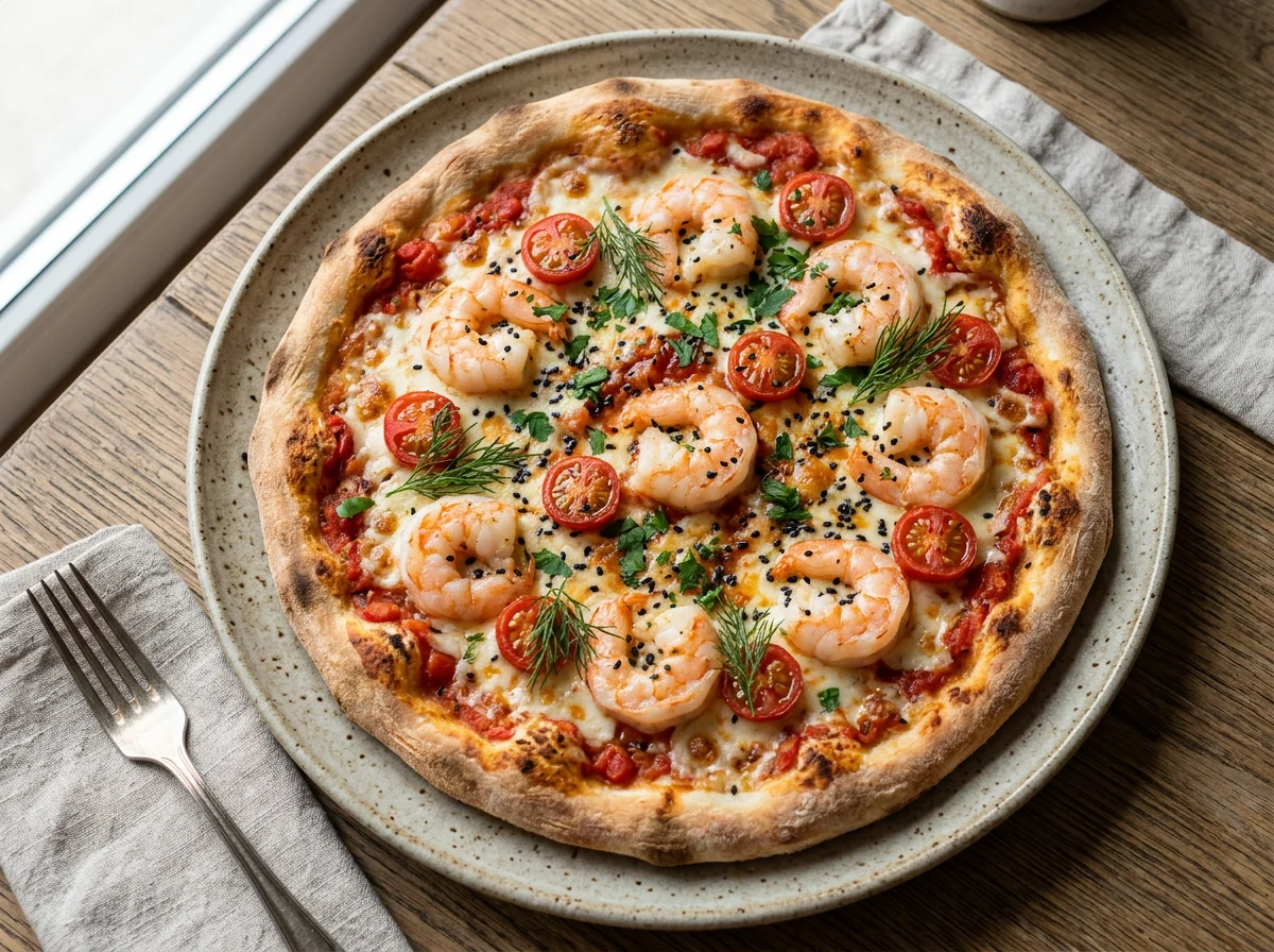 Пицца с креветками и помидорами photo