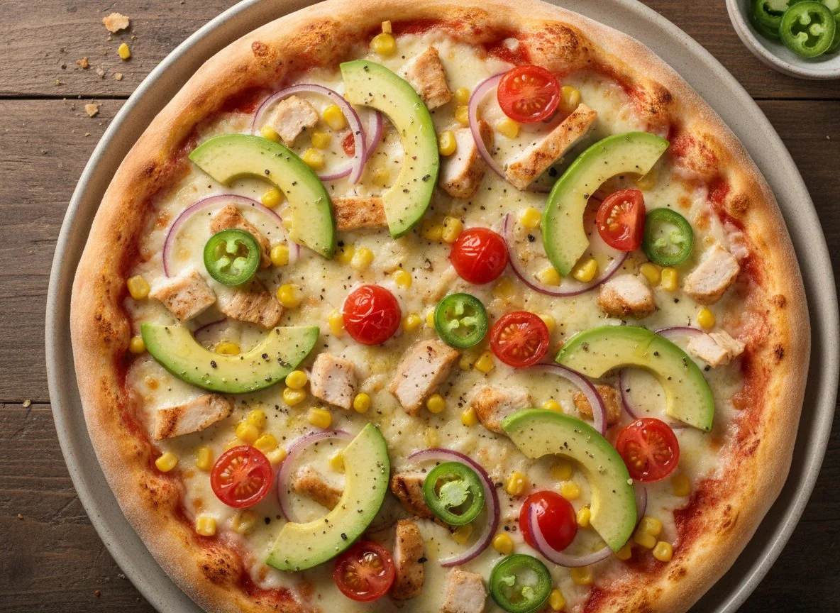 Пицца с курицей, авокадо и овощами photo