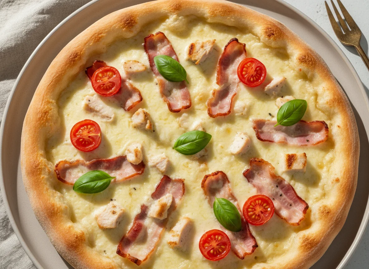 Пицца с курицей, беконом и томатами photo